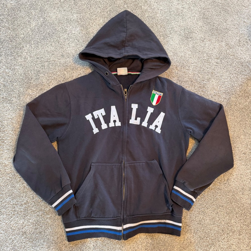 Italia Mens Full Zip Hoodie Navy Blue Embroidered Crest Striped Trim Size L